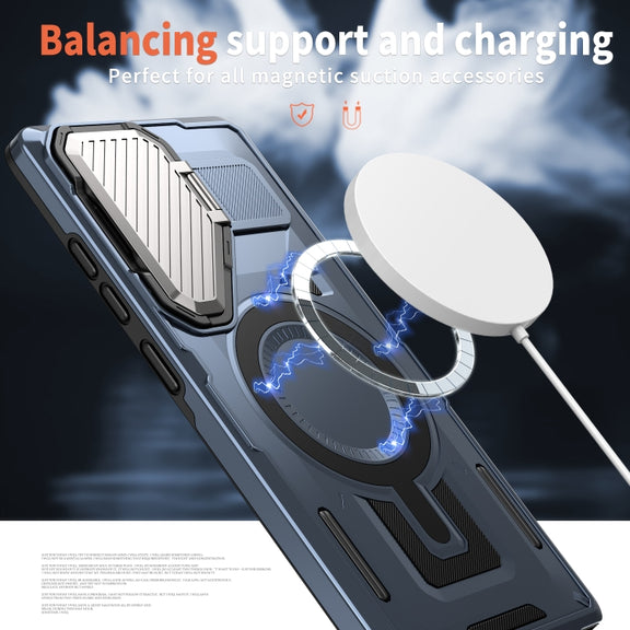 For Samsung Galaxy S25+ 5G Shield Frame Holder MagSafe Phone Case(Blue)