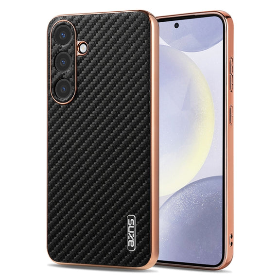 For Samsung Galaxy S25 5G AZNS Electroplated Edge Carbon Fiber Texture Phone Case(Black)