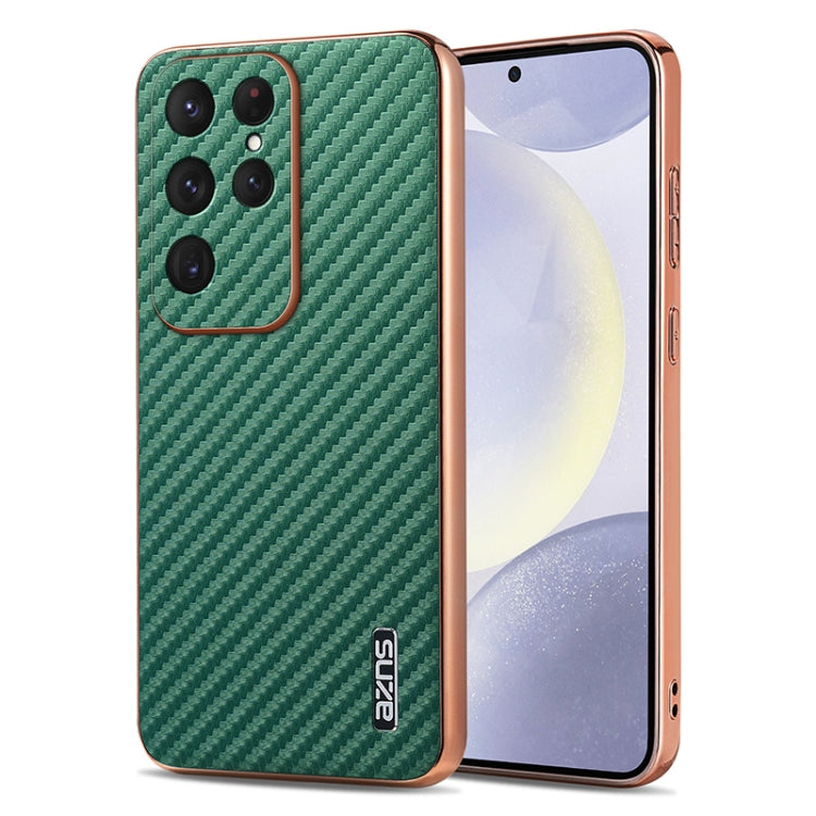 For Samsung Galaxy S25 Ultra 5G AZNS Electroplated Edge Carbon Fiber Texture Phone Case(Green)