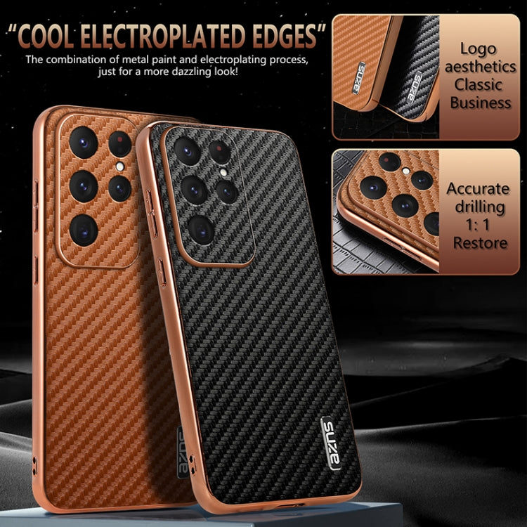 For Samsung Galaxy S25 Ultra 5G AZNS Electroplated Edge Carbon Fiber Texture Phone Case(Green)