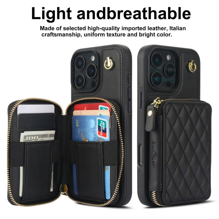 For iPhone 16 Pro Max AwQuer Crossbody Zipper Wallet Rhombic Leather Back Phone Case(Black)