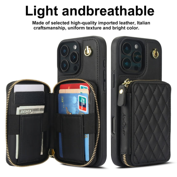 For iPhone 16 Pro Max AwQuer Crossbody Zipper Wallet Rhombic Leather Back Phone Case(Black)