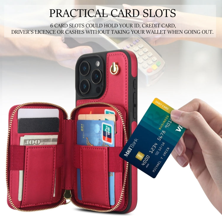 For iPhone 16 Pro Max AwQuer Crossbody Zipper Wallet Rhombic Leather Back Phone Case(Red)