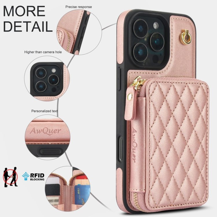 For iPhone 16 Pro Max AwQuer Crossbody Zipper Wallet Rhombic Leather Back Phone Case(Rose Gold)