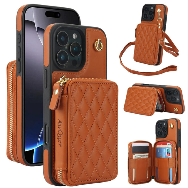 For iPhone 16 Pro Max AwQuer Crossbody Zipper Wallet Rhombic Leather Back Phone Case(Brown)