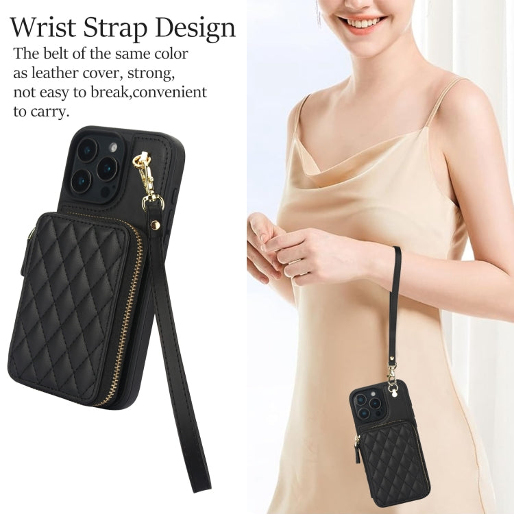 For iPhone 16 Pro AwQuer Crossbody Zipper Wallet Rhombic Leather Back Phone Case(Black)