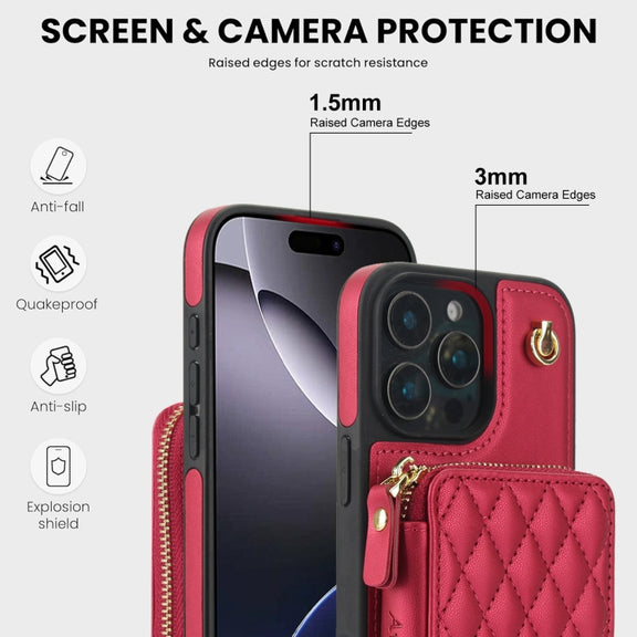 For iPhone 16 Pro AwQuer Crossbody Zipper Wallet Rhombic Leather Back Phone Case(Red)