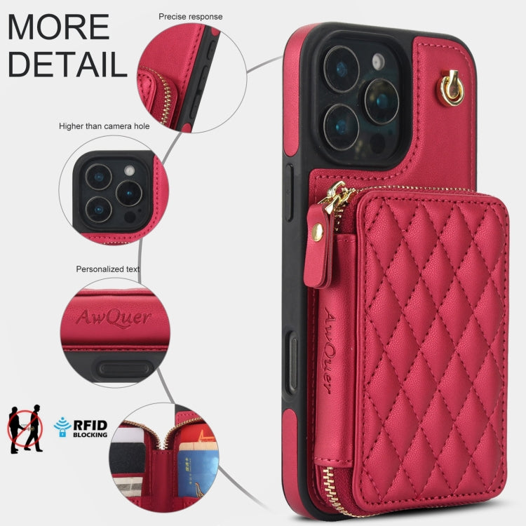 For iPhone 16 Pro AwQuer Crossbody Zipper Wallet Rhombic Leather Back Phone Case(Red)