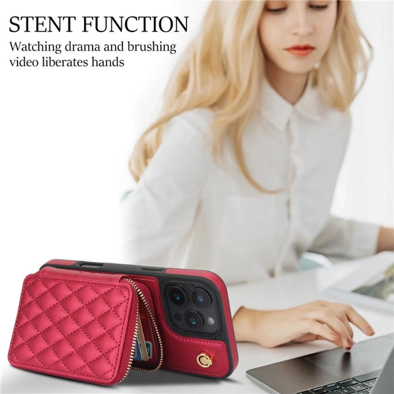 For iPhone 16 Pro AwQuer Crossbody Zipper Wallet Rhombic Leather Back Phone Case(Red)