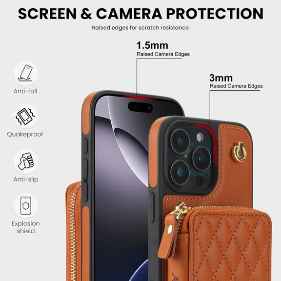 For iPhone 16 Pro AwQuer Crossbody Zipper Wallet Rhombic Leather Back Phone Case(Brown)