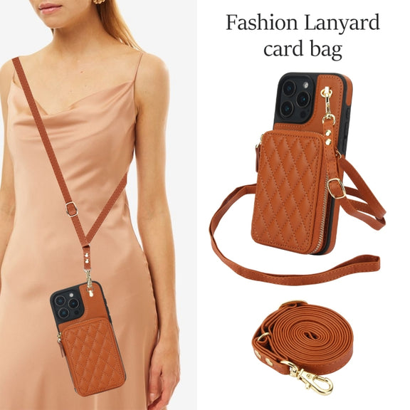 For iPhone 16 Pro AwQuer Crossbody Zipper Wallet Rhombic Leather Back Phone Case(Brown)