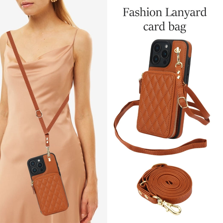 For iPhone 16 Pro AwQuer Crossbody Zipper Wallet Rhombic Leather Back Phone Case(Brown)