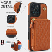 For iPhone 16 Pro AwQuer Crossbody Zipper Wallet Rhombic Leather Back Phone Case(Brown)