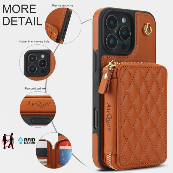 For iPhone 16 Pro AwQuer Crossbody Zipper Wallet Rhombic Leather Back Phone Case(Brown)