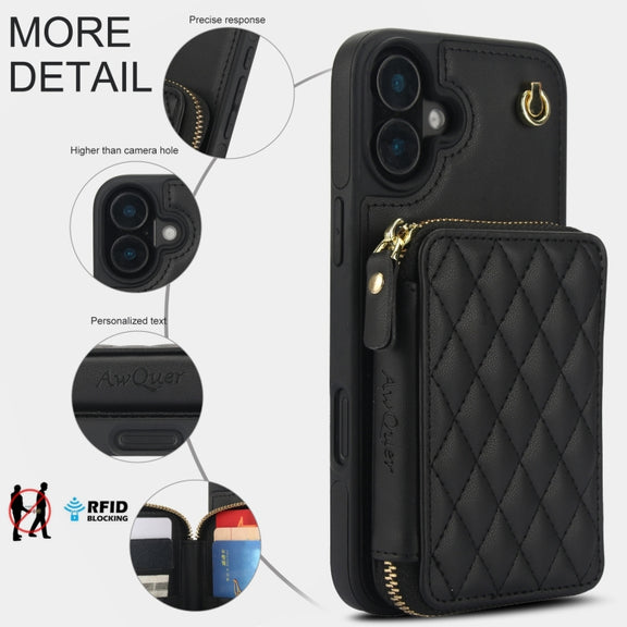 For iPhone 16 Plus AwQuer Crossbody Zipper Wallet Rhombic Leather Back Phone Case(Black)