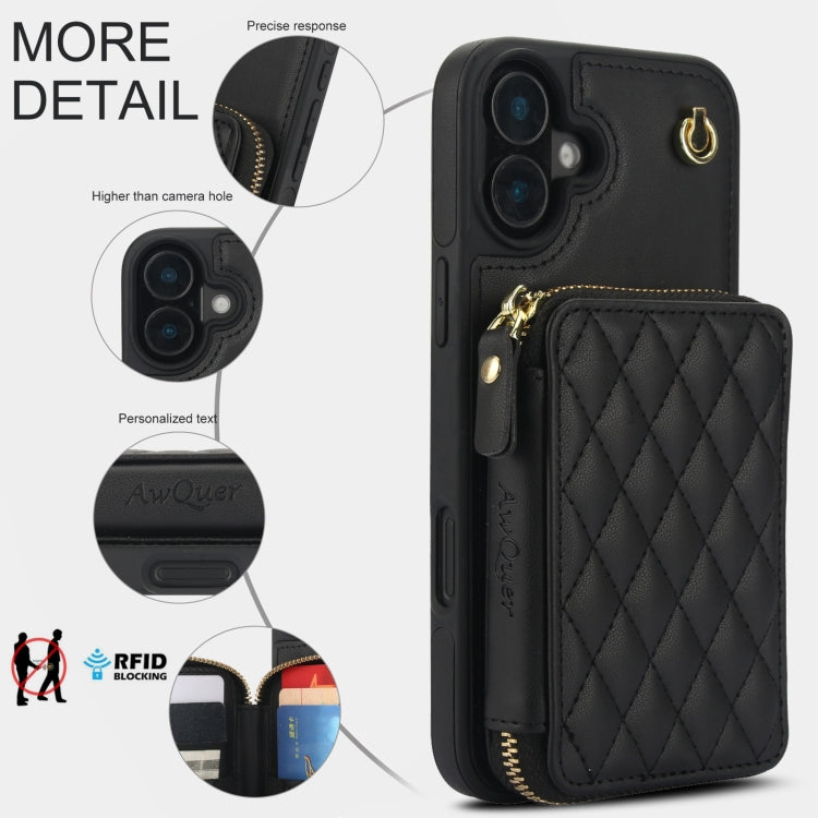 For iPhone 16 Plus AwQuer Crossbody Zipper Wallet Rhombic Leather Back Phone Case(Black)