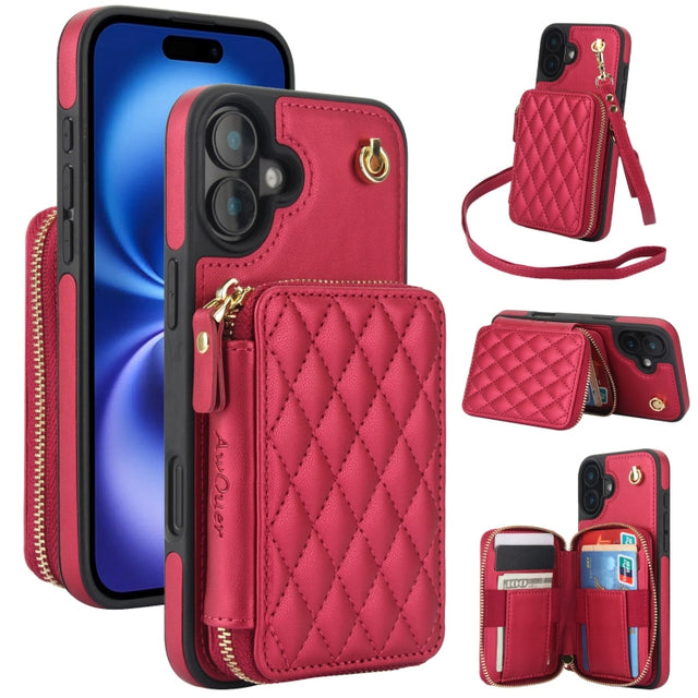 For iPhone 16 Plus AwQuer Crossbody Zipper Wallet Rhombic Leather Back Phone Case(Red)
