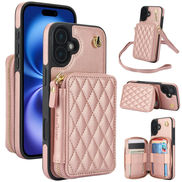 For iPhone 16 Plus AwQuer Crossbody Zipper Wallet Rhombic Leather Back Phone Case(Rose Gold)