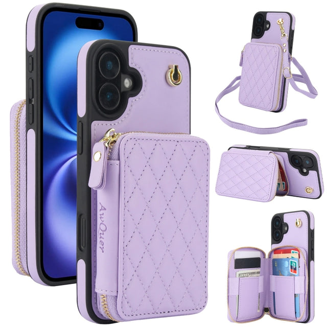For iPhone 16 Plus AwQuer Crossbody Zipper Wallet Rhombic Leather Back Phone Case(Purple)