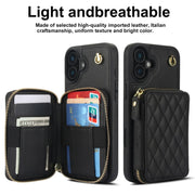 For iPhone 16 AwQuer Crossbody Zipper Wallet Rhombic Leather Back Phone Case(Black)