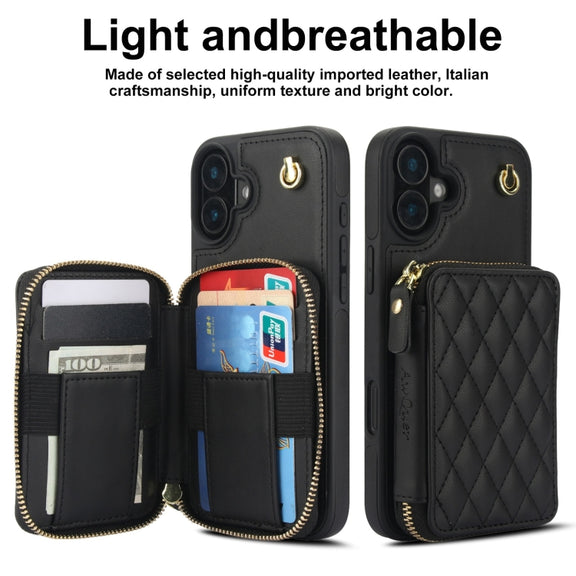 For iPhone 16 AwQuer Crossbody Zipper Wallet Rhombic Leather Back Phone Case(Black)