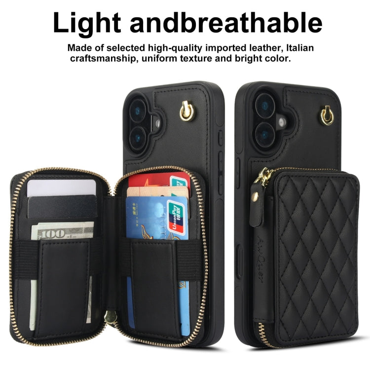 For iPhone 16 AwQuer Crossbody Zipper Wallet Rhombic Leather Back Phone Case(Black)