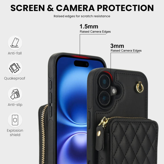 For iPhone 16 AwQuer Crossbody Zipper Wallet Rhombic Leather Back Phone Case(Black)