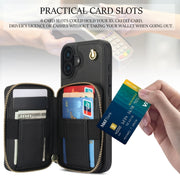 For iPhone 16 AwQuer Crossbody Zipper Wallet Rhombic Leather Back Phone Case(Black)