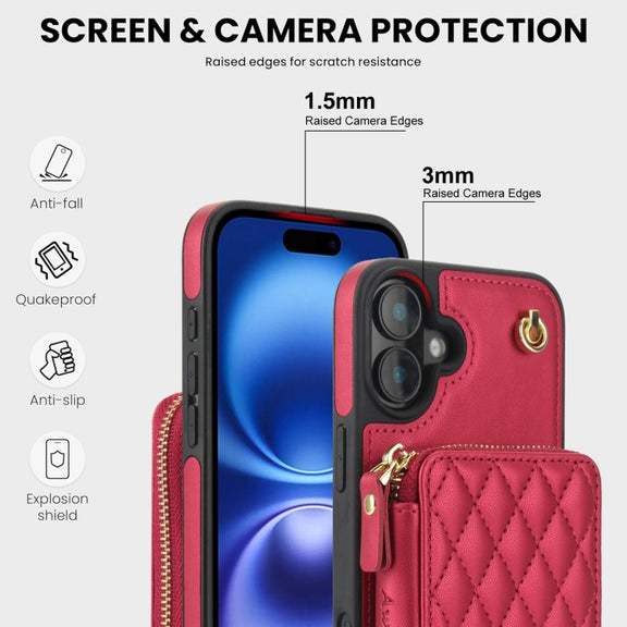 For iPhone 16 AwQuer Crossbody Zipper Wallet Rhombic Leather Back Phone Case(Red)