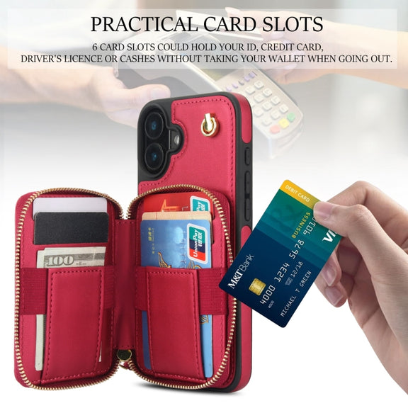 For iPhone 16 AwQuer Crossbody Zipper Wallet Rhombic Leather Back Phone Case(Red)