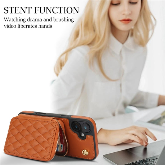 For iPhone 16 AwQuer Crossbody Zipper Wallet Rhombic Leather Back Phone Case(Brown)