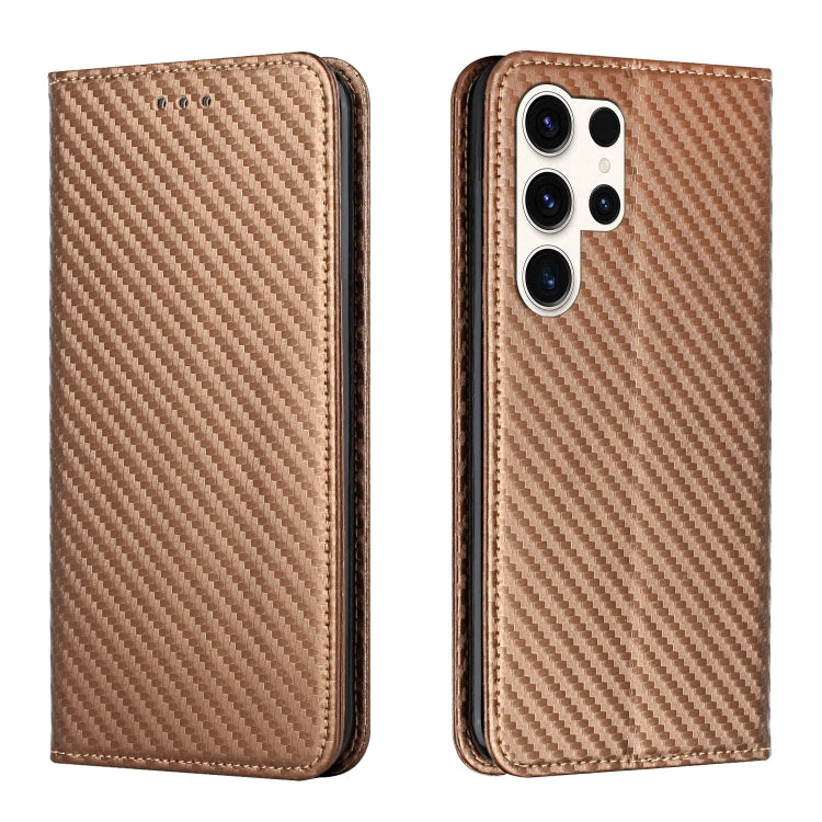 For Samsung Galaxy S25 Ultra 5G Carbon Fiber Texture Magnetic Flip Leather Phone Case(Brown)
