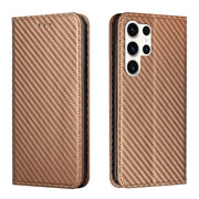 For Samsung Galaxy S25 Ultra 5G Carbon Fiber Texture Magnetic Flip Leather Phone Case(Brown)