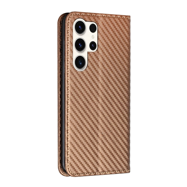 For Samsung Galaxy S25 Ultra 5G Carbon Fiber Texture Magnetic Flip Leather Phone Case(Brown)