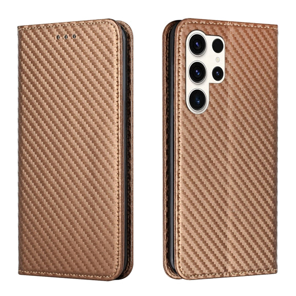 For Samsung Galaxy S25 Ultra 5G Carbon Fiber Texture Magnetic Flip Leather Phone Case(Brown)