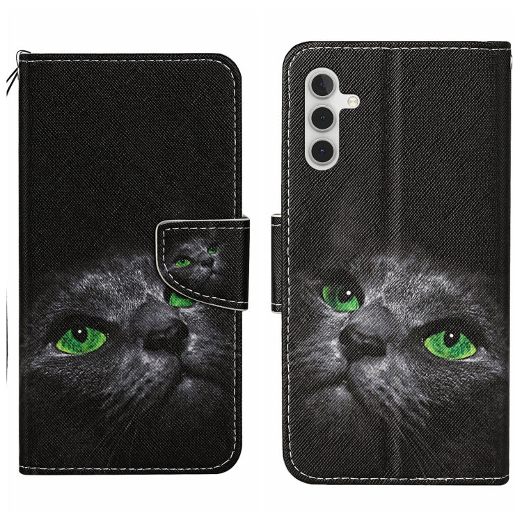 For Samsung Galaxy S25 5G Colored Drawing Pattern Leather Phone Case(Black Cat)