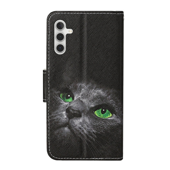 For Samsung Galaxy S25 5G Colored Drawing Pattern Leather Phone Case(Black Cat)
