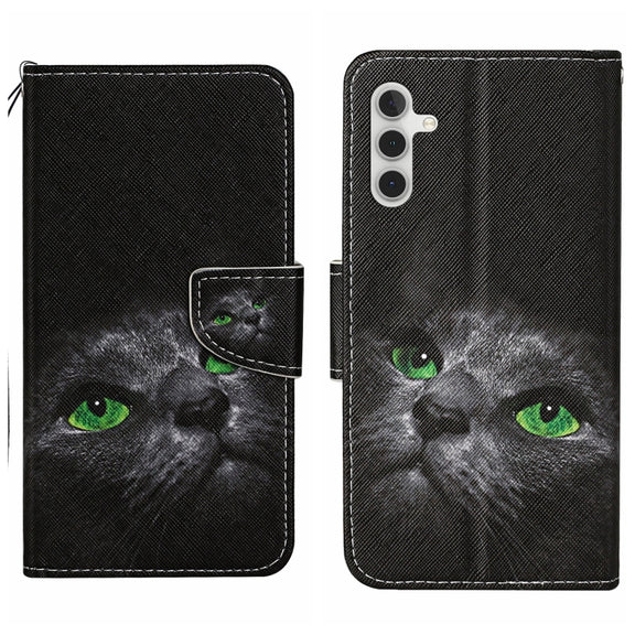 For Samsung Galaxy S25 5G Colored Drawing Pattern Leather Phone Case(Black Cat)