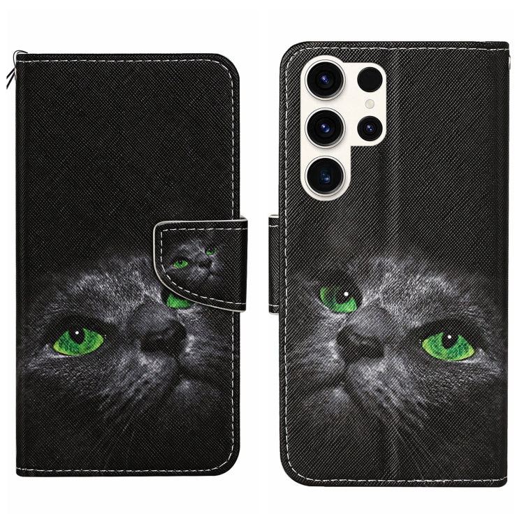 For Samsung Galaxy S25 Ultra 5G Colored Drawing Pattern Leather Phone Case(Black Cat)