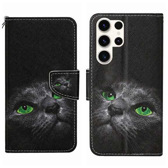 For Samsung Galaxy S25 Ultra 5G Colored Drawing Pattern Leather Phone Case(Black Cat)