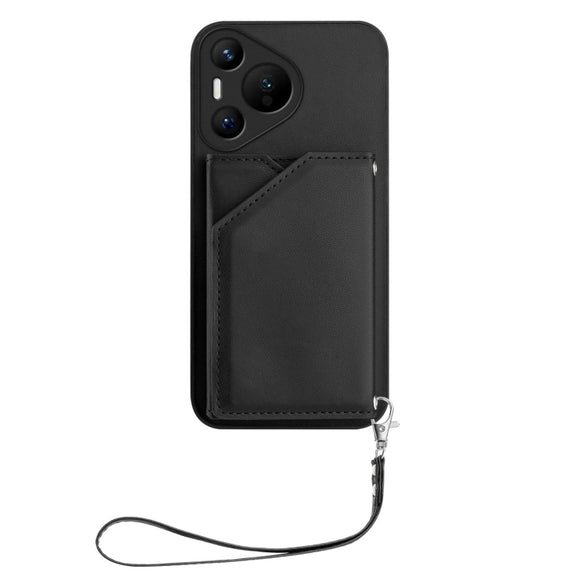For Huawei Pura 70 Skin Feel Four Card Slots Phone Case with Wrist Strap(Black)
