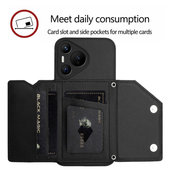 For Huawei Pura 70 Skin Feel Four Card Slots Phone Case with Wrist Strap(Black)