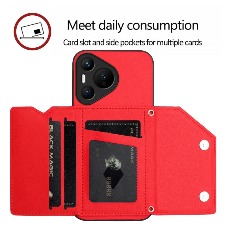 For Huawei Pura 70 Skin Feel Four Card Slots Phone Case with Wrist Strap(Red)