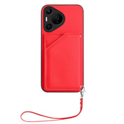 For Huawei Pura 70 Pro Skin Feel Four Card Slots Phone Case with Wrist Strap(Red)