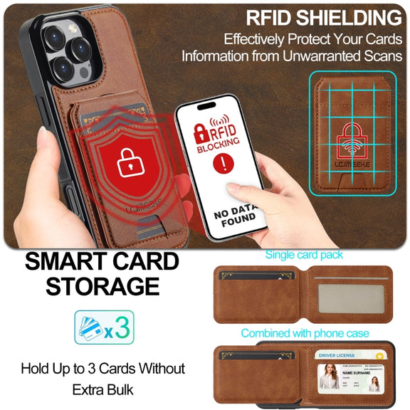 For iPhone 16 Pro Max LC.IMEEKE L3 Series Detachable RFID Card Bag Magsafe Phone Case(Brown)