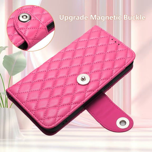 For Doogee N55 Plus Rhombic Texture Flip Leather Phone Case with Lanyard(Rose Red)