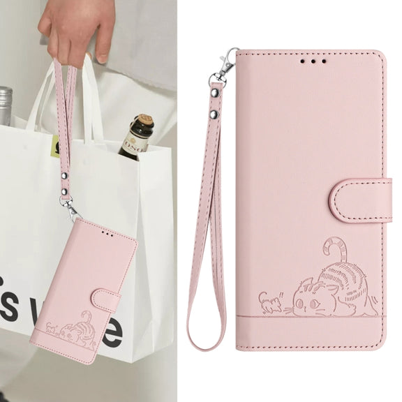 For Doogee N55 Plus Cat Rat Embossed Pattern RFID Leather Phone Case with Lanyard(Pink)