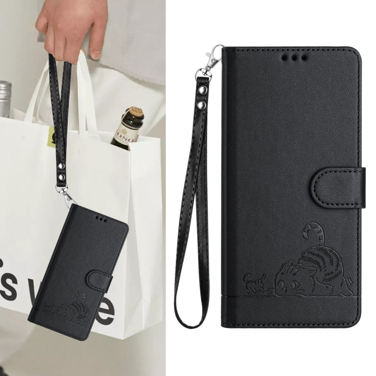 For Doogee N55 Plus Cat Rat Embossed Pattern RFID Leather Phone Case with Lanyard(Black)