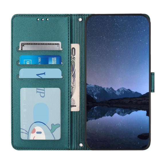 For Doogee N55 Plus Cat Rat Embossed Pattern RFID Leather Phone Case with Lanyard(Peacock Green)