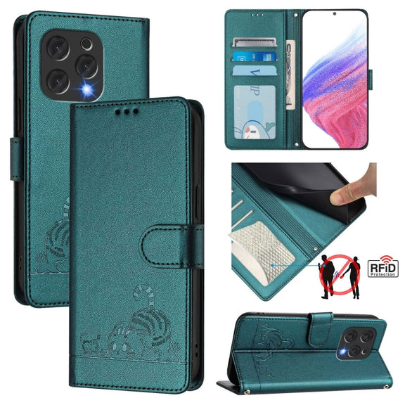 For Doogee N55 Plus Cat Rat Embossed Pattern RFID Leather Phone Case with Lanyard(Peacock Green)